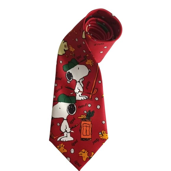 Vintage Snoopy & Woodstock Golfing Red Print 100% Silk Neck Tie by Mercedes - Picture 2 of 5